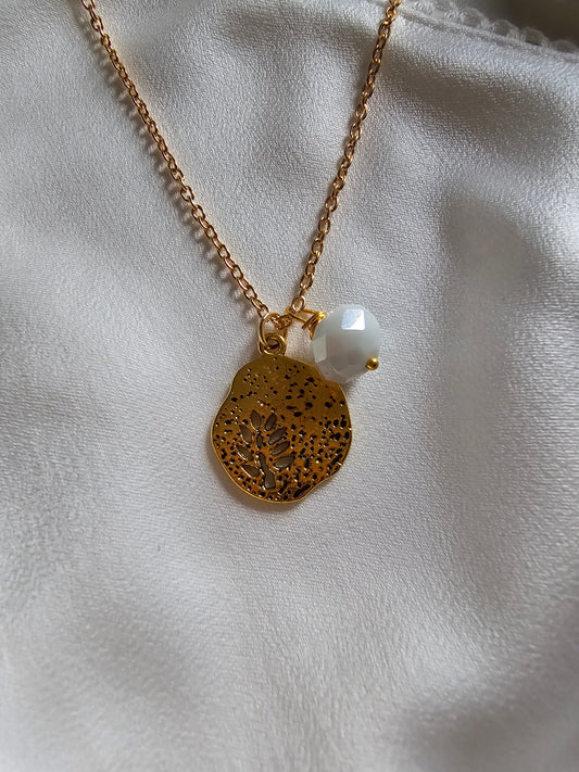 Golden Coin and White Bead Necklace.