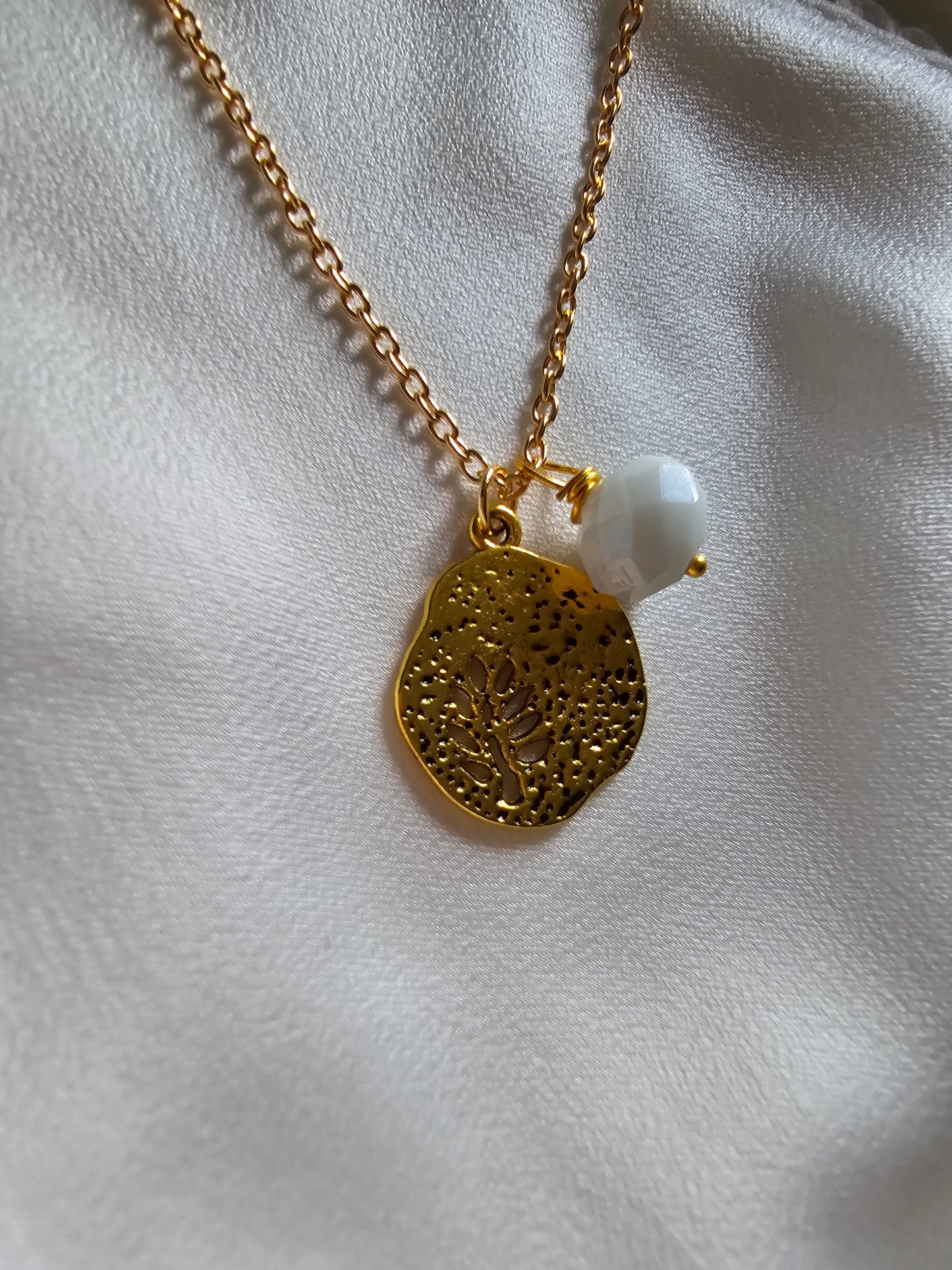 Golden Coin and White Bead Necklace.