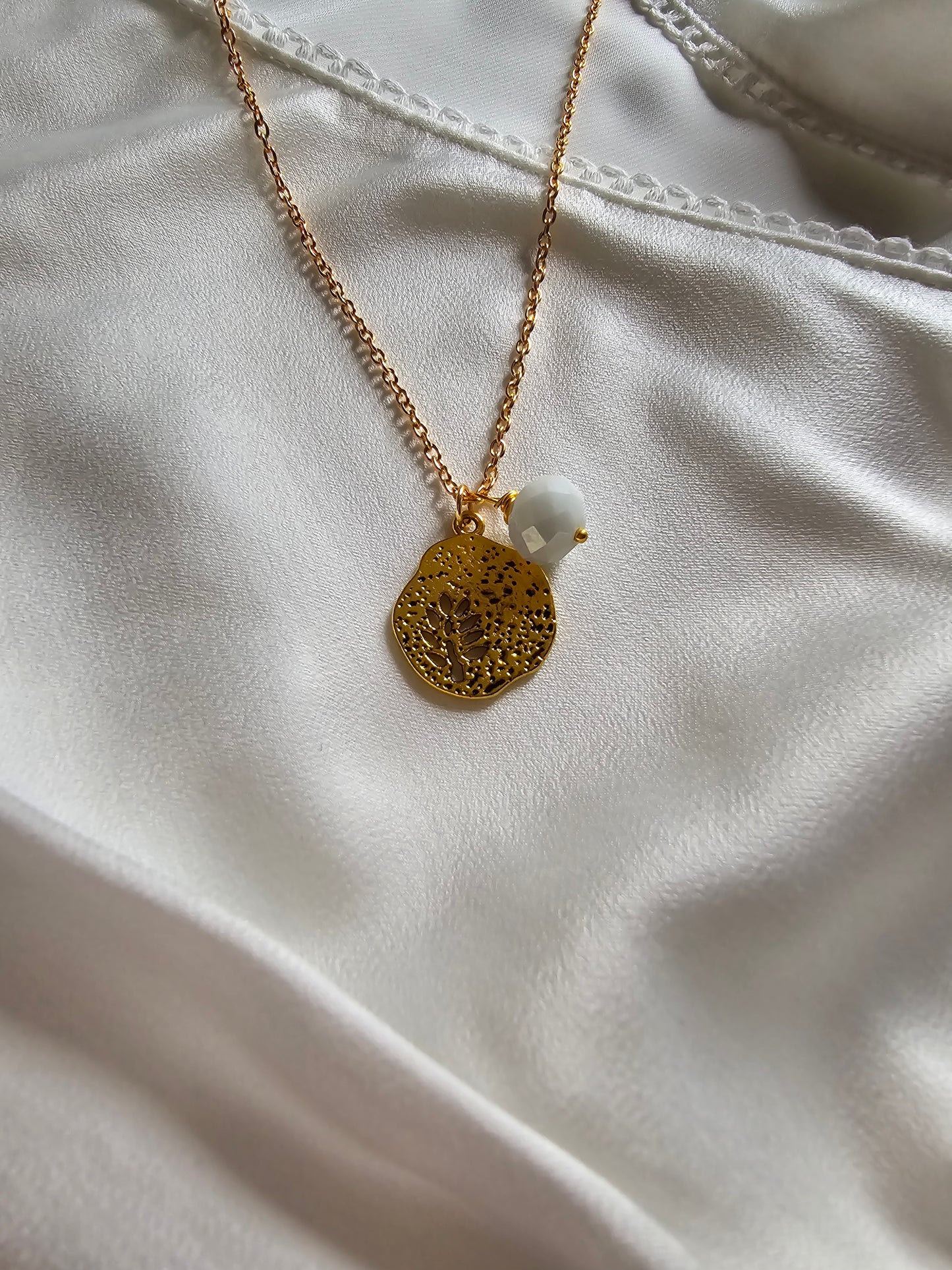 Golden Coin and White Bead Necklace.