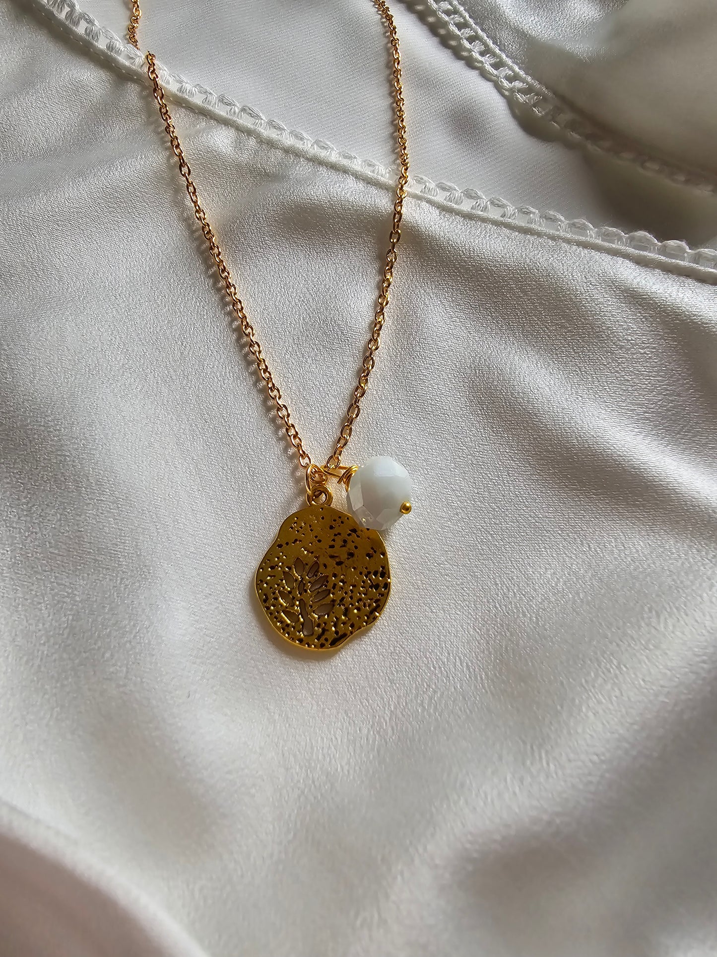 Golden Coin and White Bead Necklace.