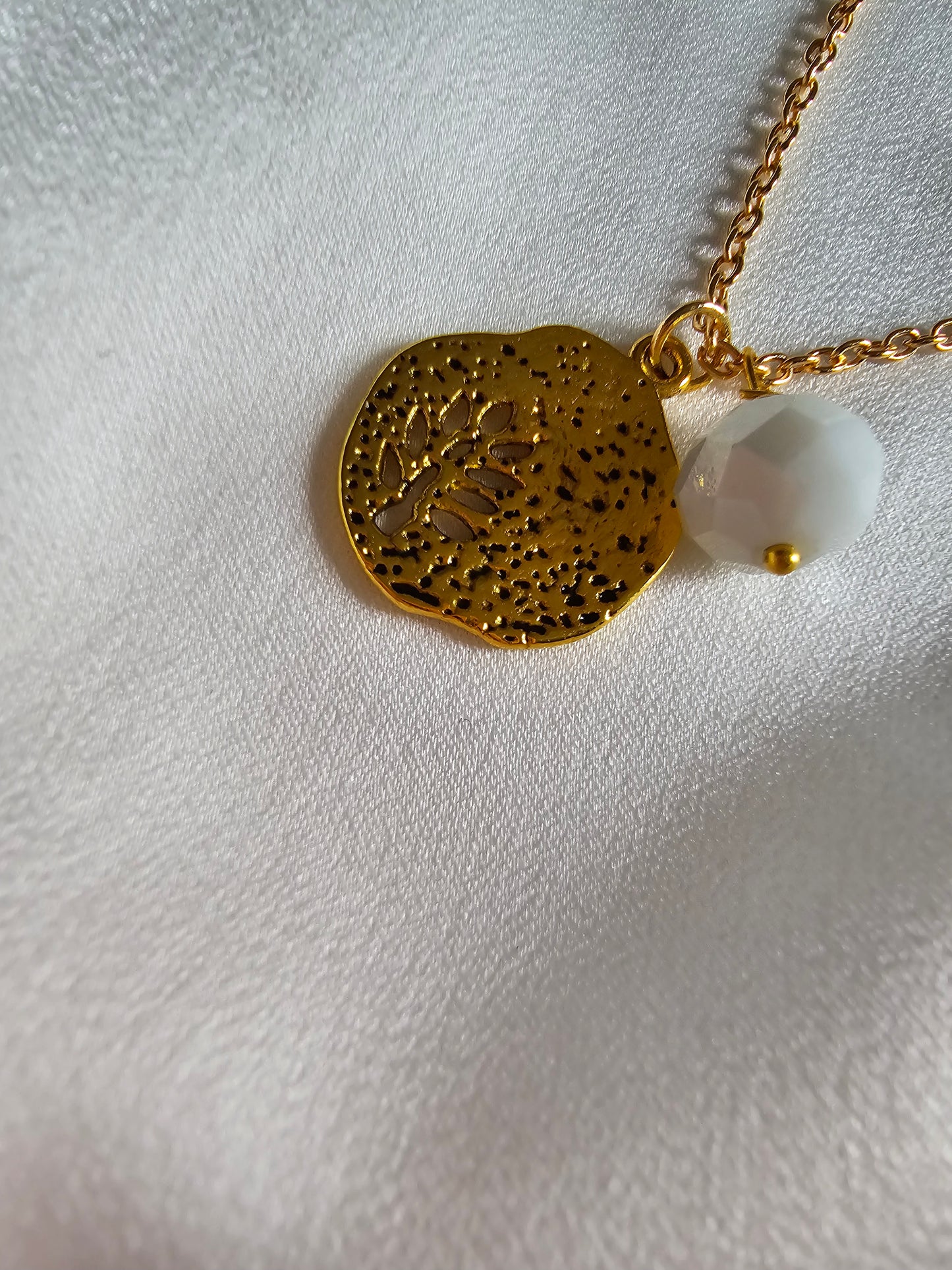 Golden Coin and White Bead Necklace.