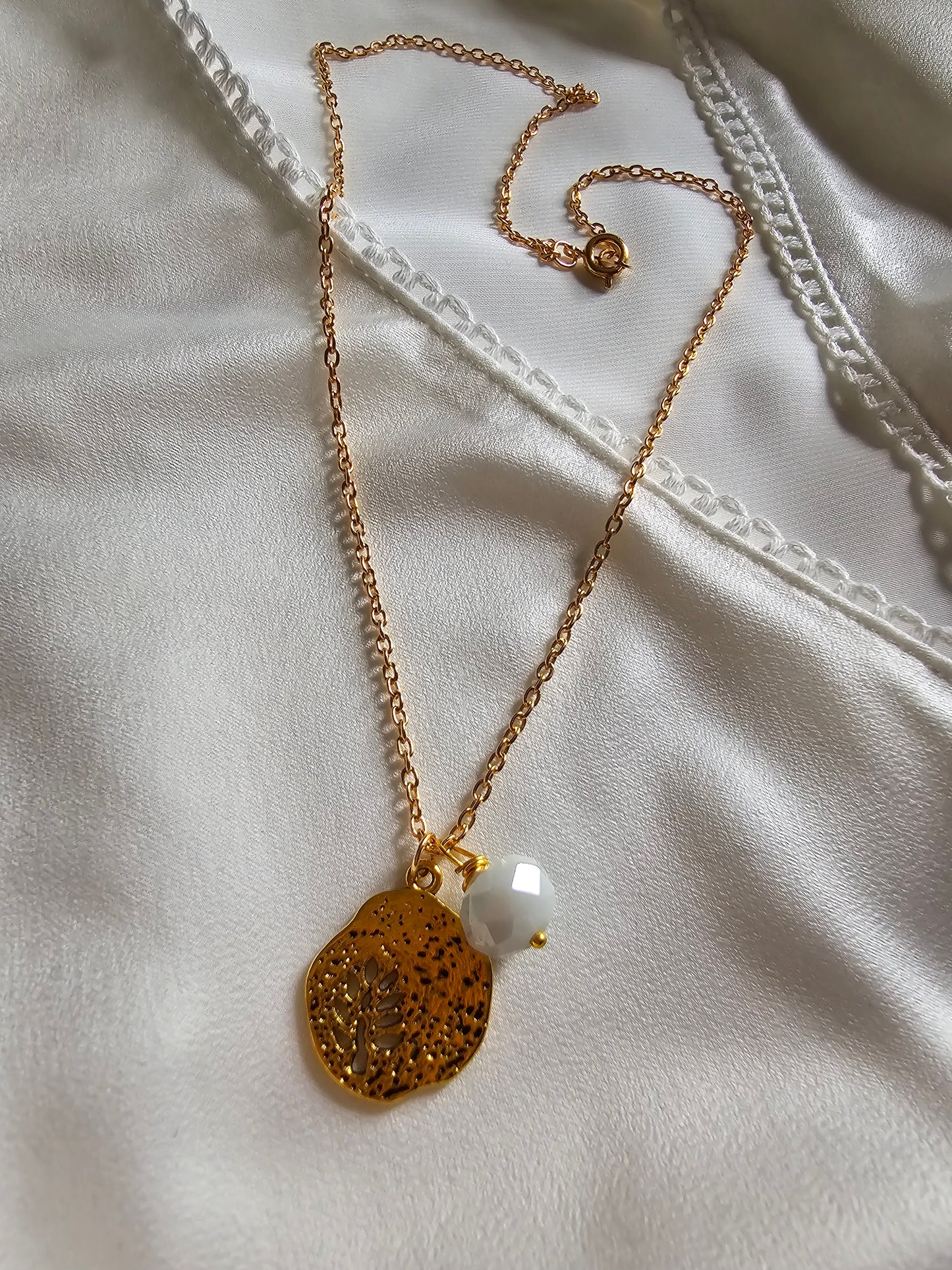 Golden Coin and White Bead Necklace.