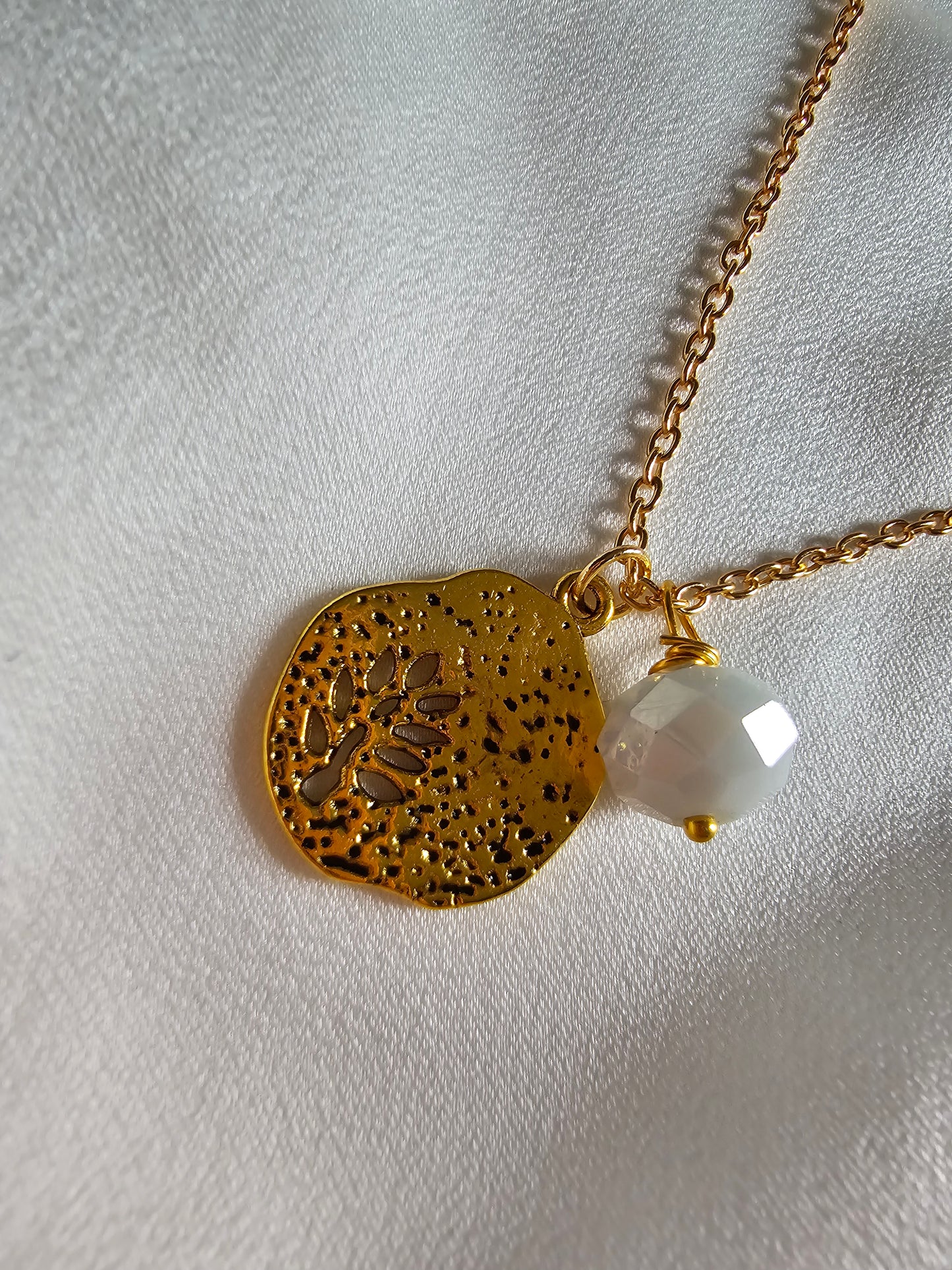 Golden Coin and White Bead Necklace.